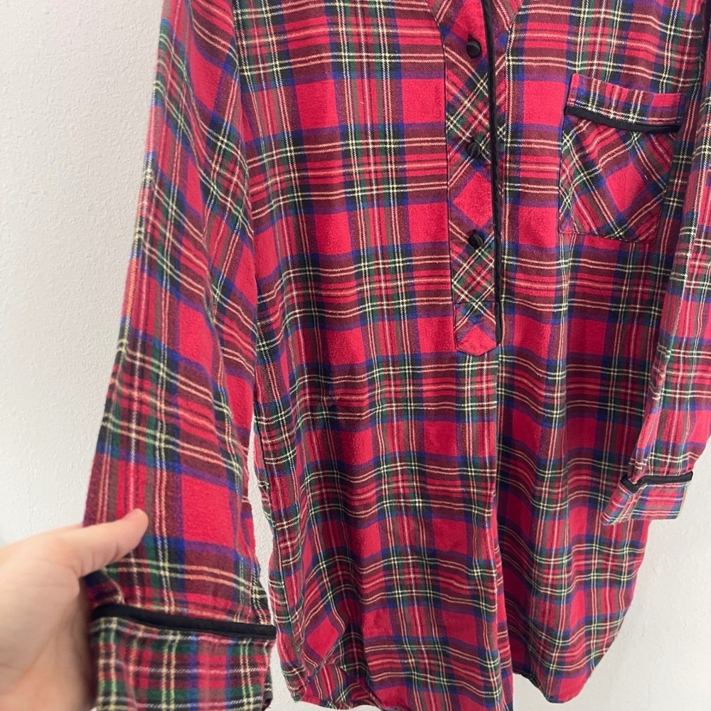 VTG Plaid Cottage Core Nightgown M Christmas Sleep Shirt Long Sleeve Button Up